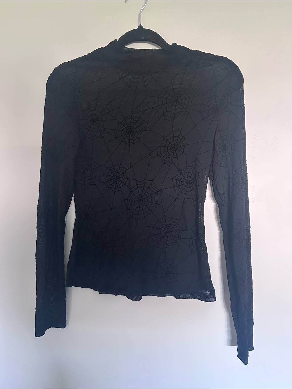Black Long-Sleeve Sheer Mesh Top with Spiderweb Pattern